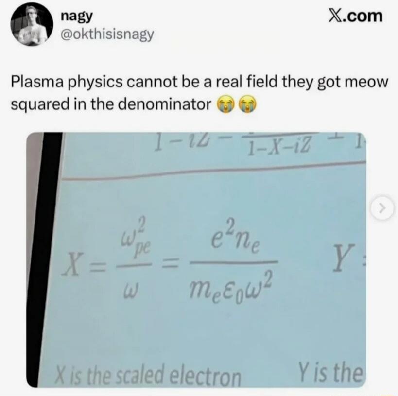 Plasma physics cannot be a real field they got meow squared in the denominator 😭