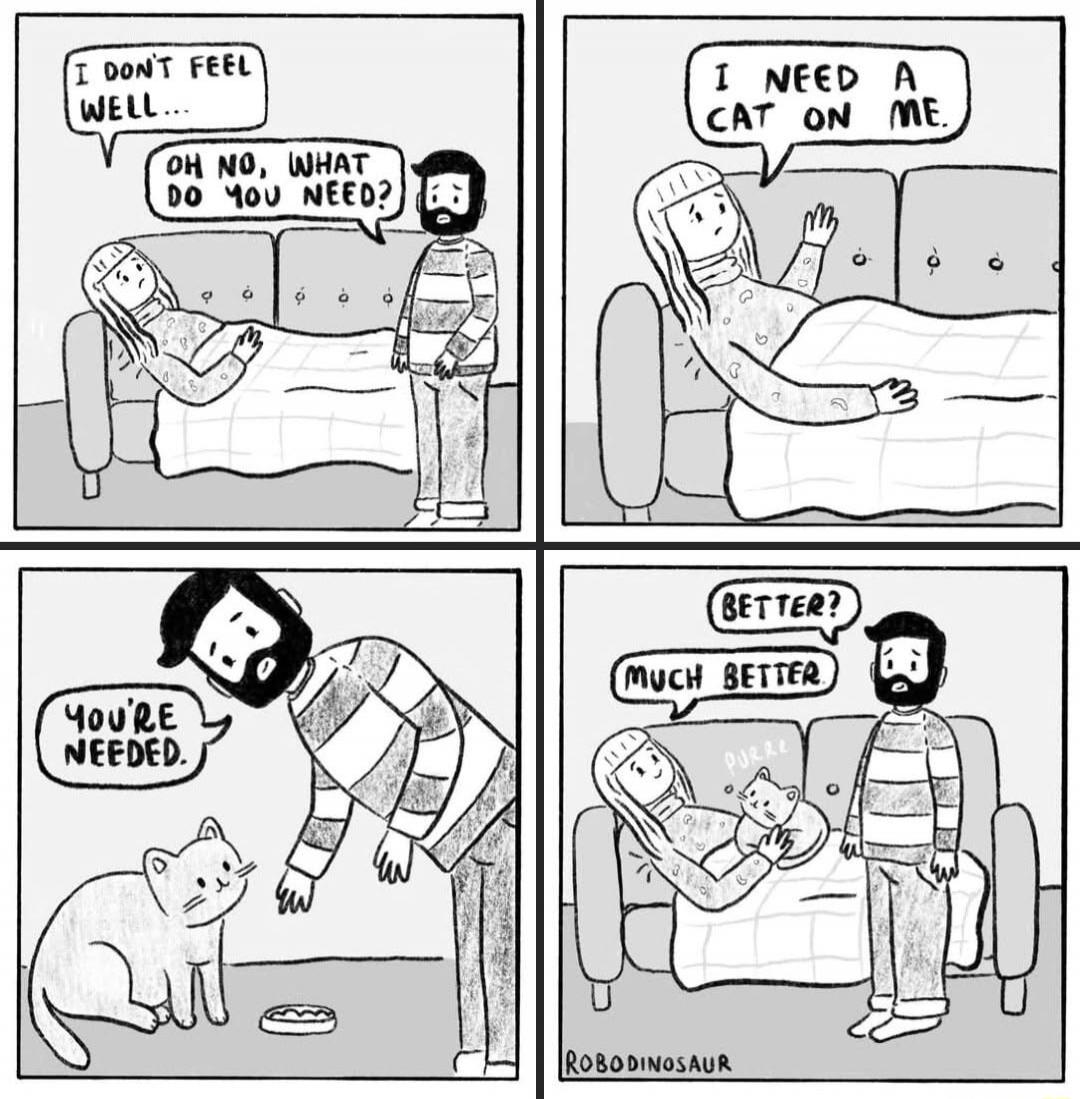 I don't feel well... Oh no, what do you need? I need a cat on me. You're needed. Better? Much better. Robodinosaur