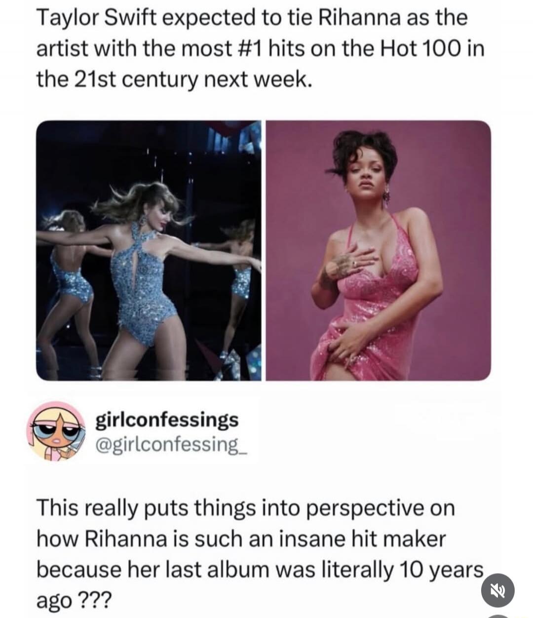 Taylor Swift expected to tie Rihanna as the artist with the most #1 hits on the Hot 100 in the 21st century next week.

[images show Taylor Swift performing]

This really puts things into perspective on how Rihanna is such an insane hit maker because her last album was literally 10 years ago ???