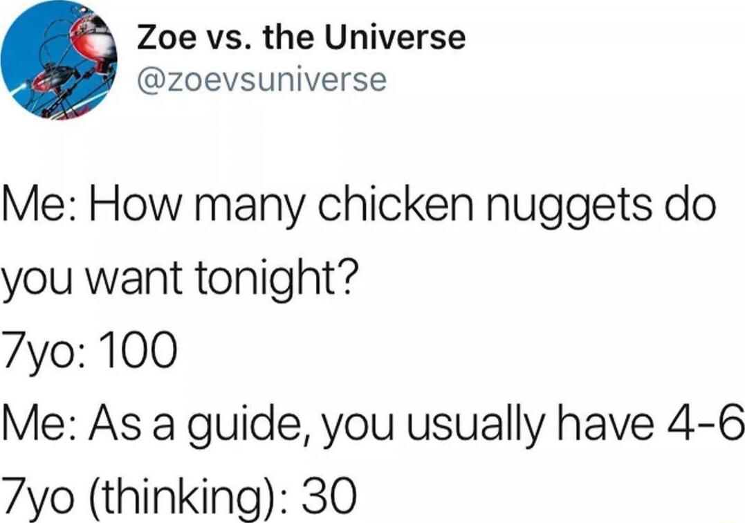 Me: How many chicken nuggets do you want tonight?
7yo: 100
Me: As a guide, you usually have 4-6
7yo (thinking): 30