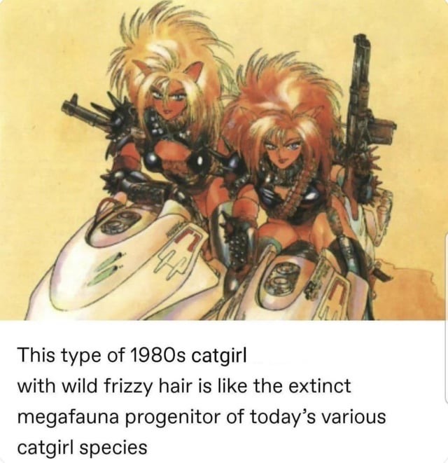 This type of 1980s catgirl with wild frizzy hair is like the extinct megafau­na progenitor of today's various catgirl species