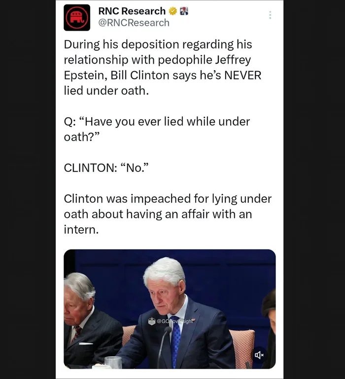 During his deposition regarding his relationship with pedophile Jeffrey Epstein, Bill Clinton says he’s NEVER lied under oath. Q: “Have you ever lied while under oath?” CLINTON: “No.” Clinton was impeached for lying under oath about having an affair with an intern.