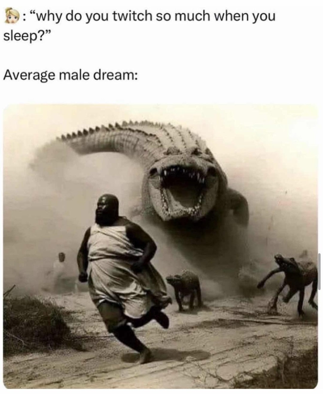 “why do you twitch so much when you sleep?” Average male dream: [image of a man running from a giant alligator and other creatures in a desert-like scene]