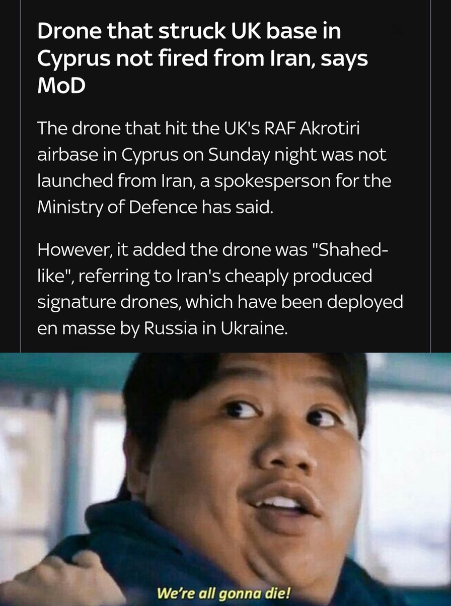 Drone that struck UK base in Cyprus not fired from Iran, says MoD

The drone that hit the UK's RAF Akrotiri airbase in Cyprus on Sunday night was not launched from Iran, a spokesperson for the Ministry of Defence has said.

However, it added the drone was 