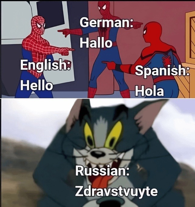 German: Hallo\nEnglish: Hello\nSpanish: Hola\nRussian: Zdravstvuyte