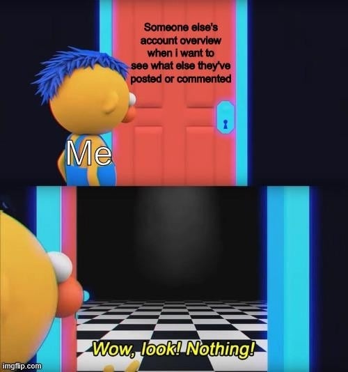 Someone else's account overview when I want to see what else they've posted or commented
Wow, look! Nothing!