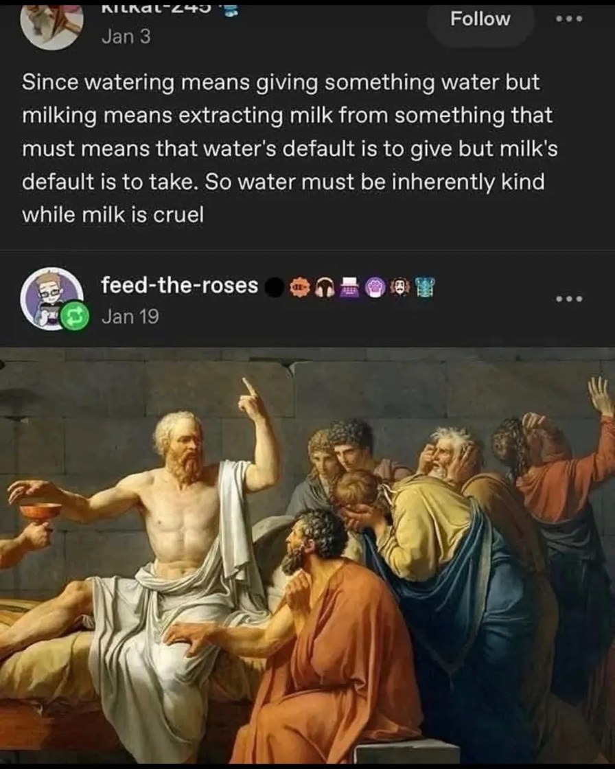 Since watering means giving something water but milking means extracting milk from something that must means that water's default is to give but milk's default is to take. So water must be inherently kind while milk is cruel