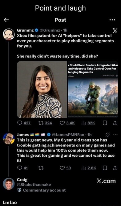 Point and laugh
Post
Grummz @Grummmz·1h Xbox files patent for AI 