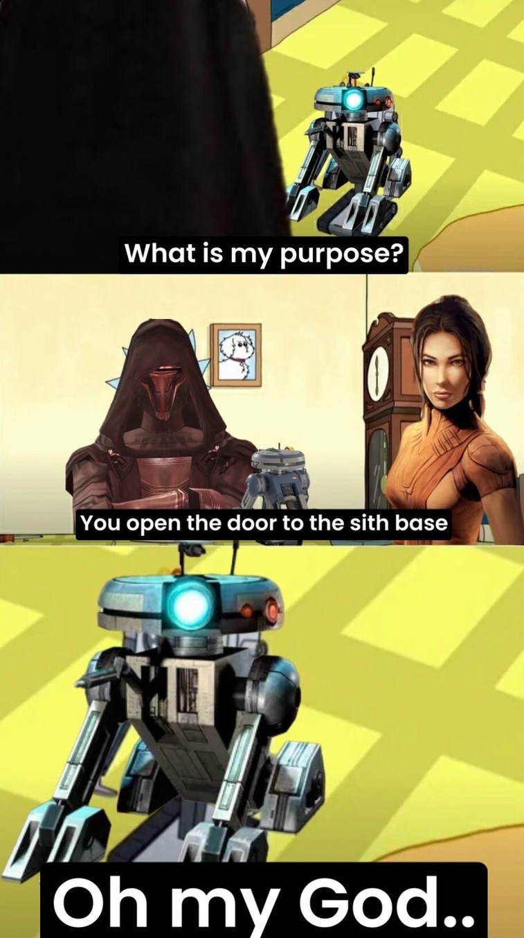 What is my purpose?
You open the door to the sith base
Oh my God..