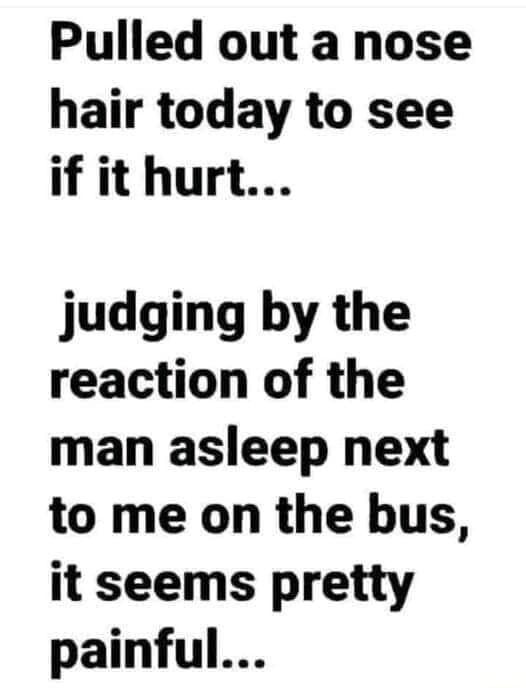 Pulled out a nose hair today to see if it hurt... judging by the reaction of the man asleep next to me on the bus, it seems pretty painful...