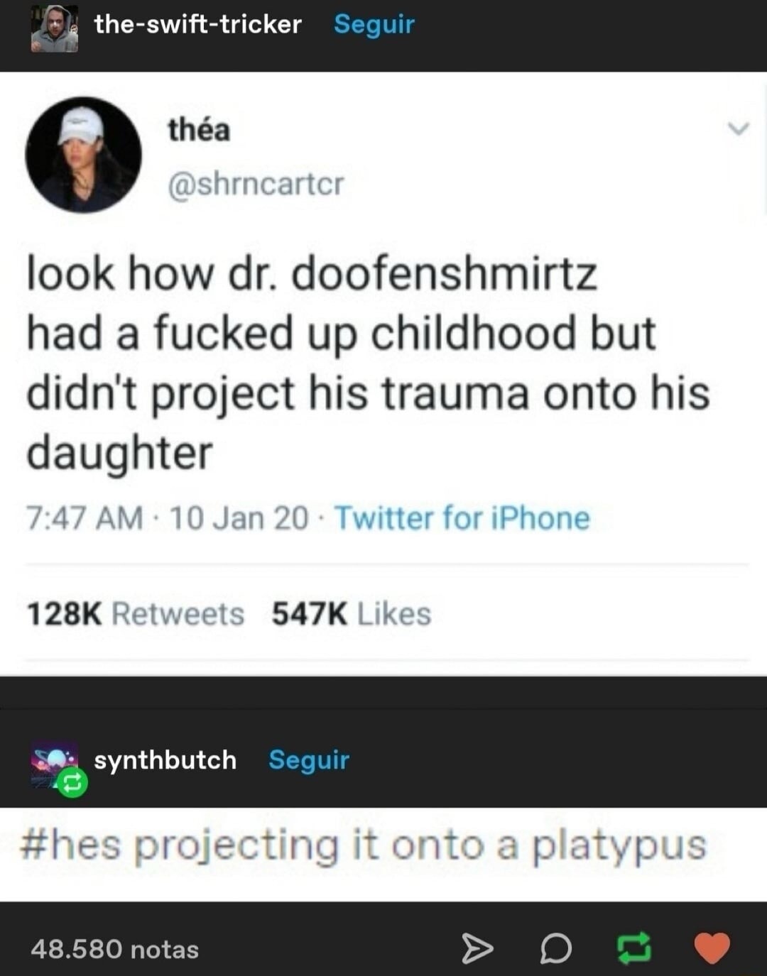 look how dr. doofenshmirtz had a fucked up childhood but didn't project his trauma onto his daughter
#hes projecting it onto a platypus