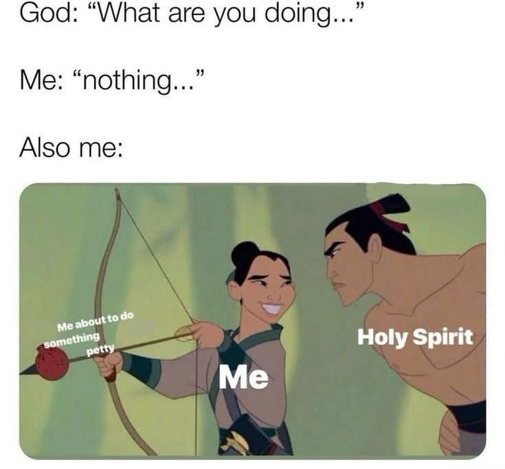 God: “What are you doing…”
Me: “nothing…”
Also me:
Me about to do something petty
Holy Spirit
Me