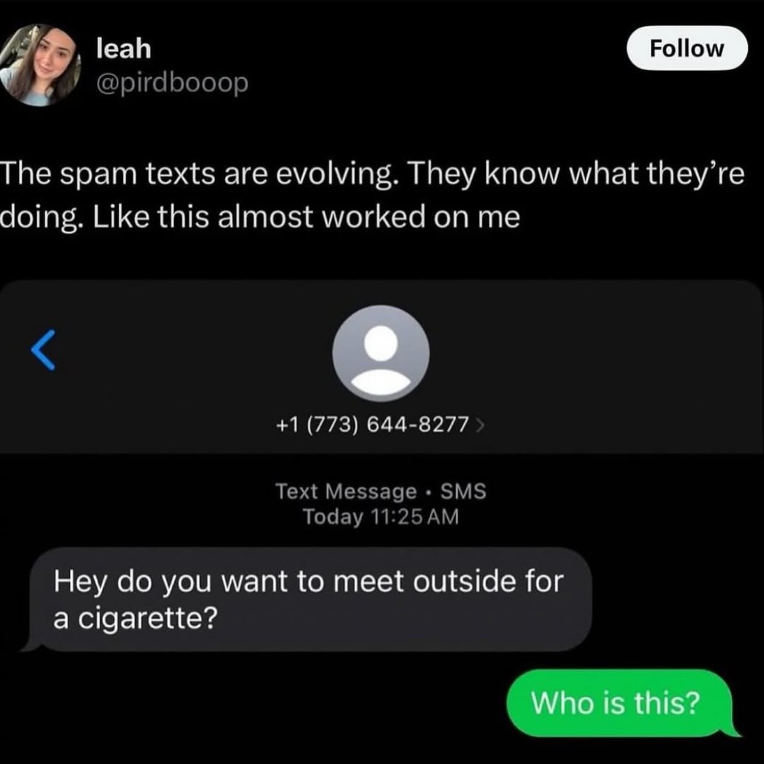 The spam texts are evolving. They know what they’re doing. Like this almost worked on me
Hey do you want to meet outside for a cigarette?
Who is this?
Session ID: 17334.