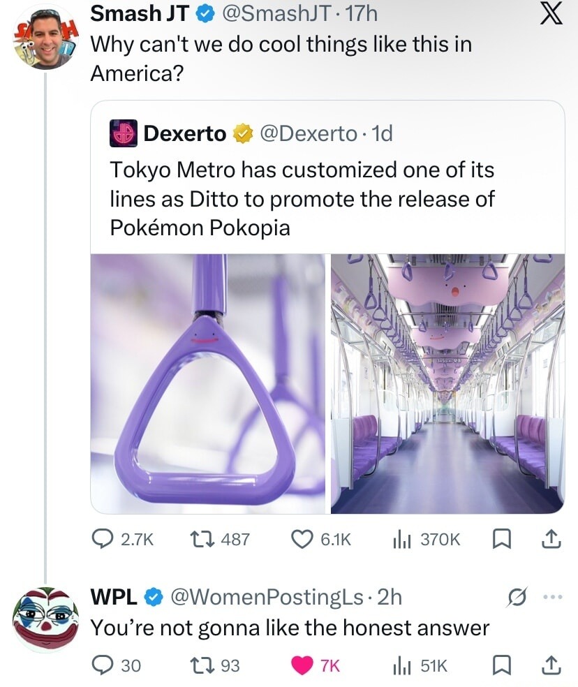 Smash JT: Why can't we do cool things like this in America? Dexerto: Tokyo Metro has customized one of its lines as Ditto to promote the release of Pokémon Pokopia