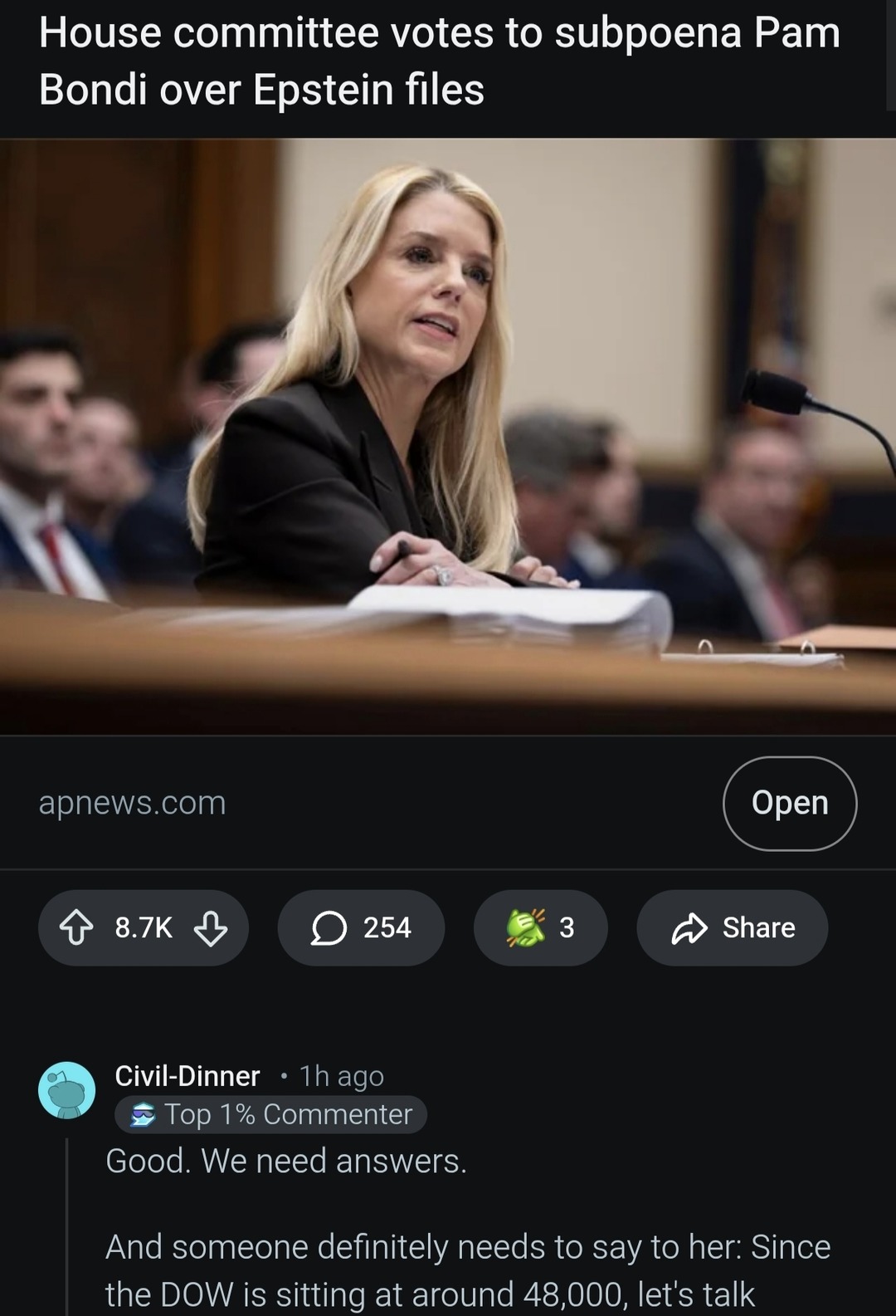 House committee votes to subpoena Pam Bondi over Epstein files