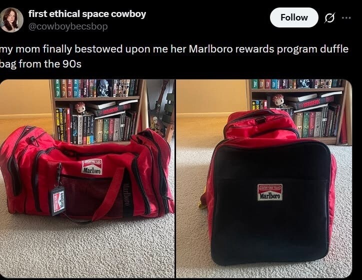my mom finally bestowed upon me her Marlboro rewards program duffle bag from the 90s