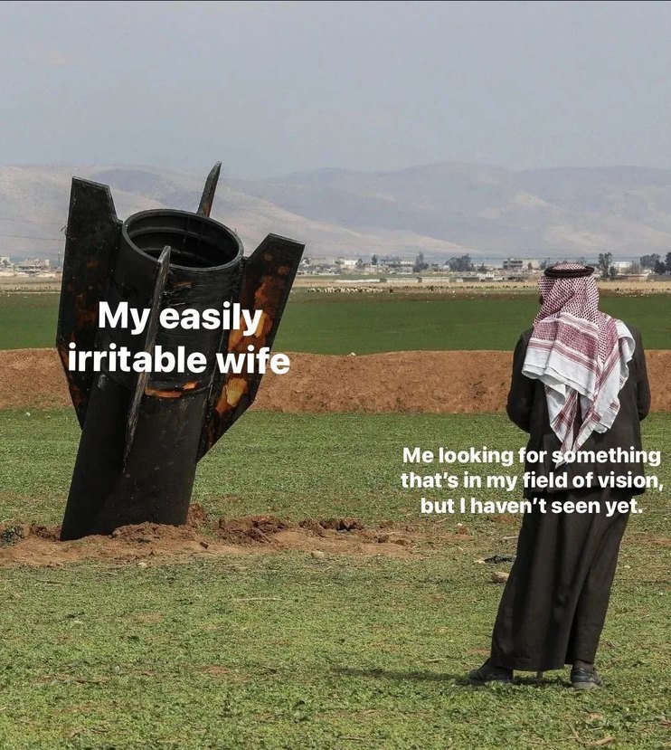 My easily irritable wife
Me looking for something that's in my field of vision, but I haven't seen yet.