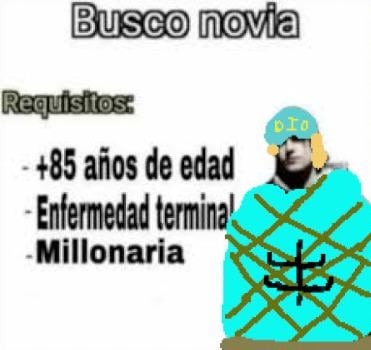 Busco novia
Requisitos:
- +85 años de edad
- Enfermedad terminal
- Millonaria