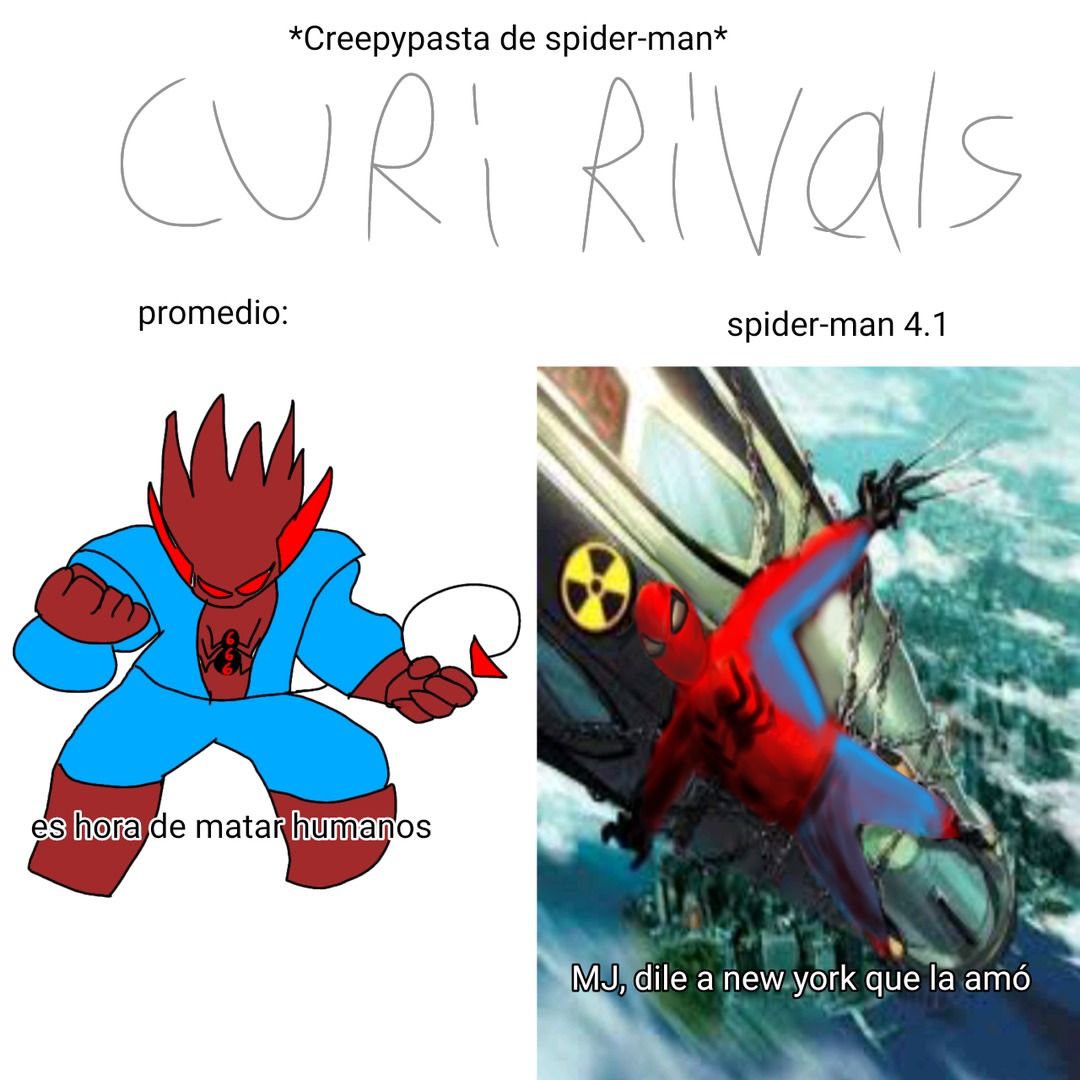 *Creepypasta de spider-man*
CURi RIVALS
promedio:
spider-man 4.1
es hora de matar humanos
MJ, dile a new york que la amó