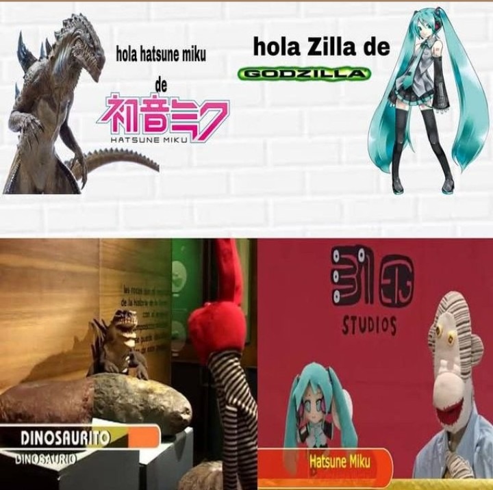hola Hatsune Miku de Hatsune Miku; hola Zilla de Godzilla; DINOSAURITO; Hatsune Miku; 3D STUDIOS