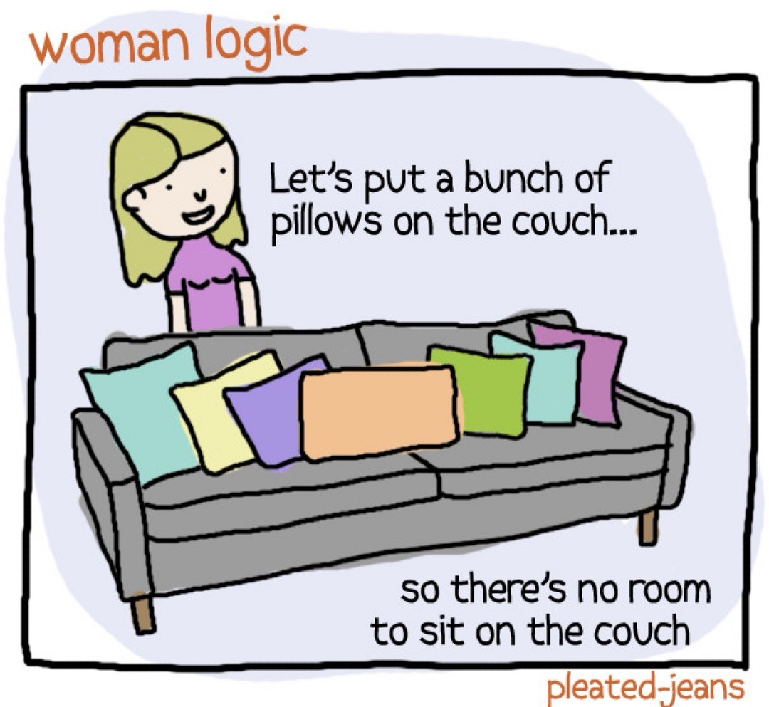 woman logic
Let's put a bunch of pillows on the couch...
so there’s no room to sit on the couch