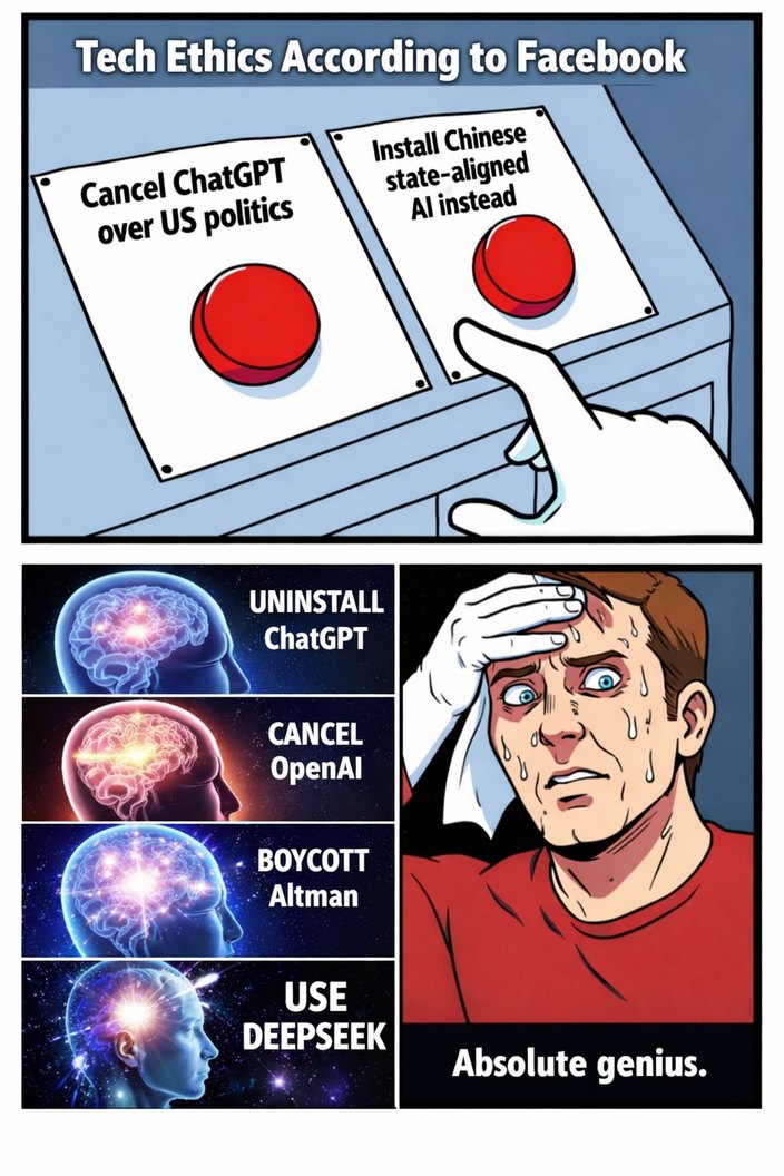 Tech Ethics According to Facebook

Cancel ChatGPT over US politics   Install Chinese state-aligned AI instead

UNINSTALL ChatGPT   CANCEL OpenAI   BOYCOTT Altman   USE DEEPSEEK

Absolute genius.