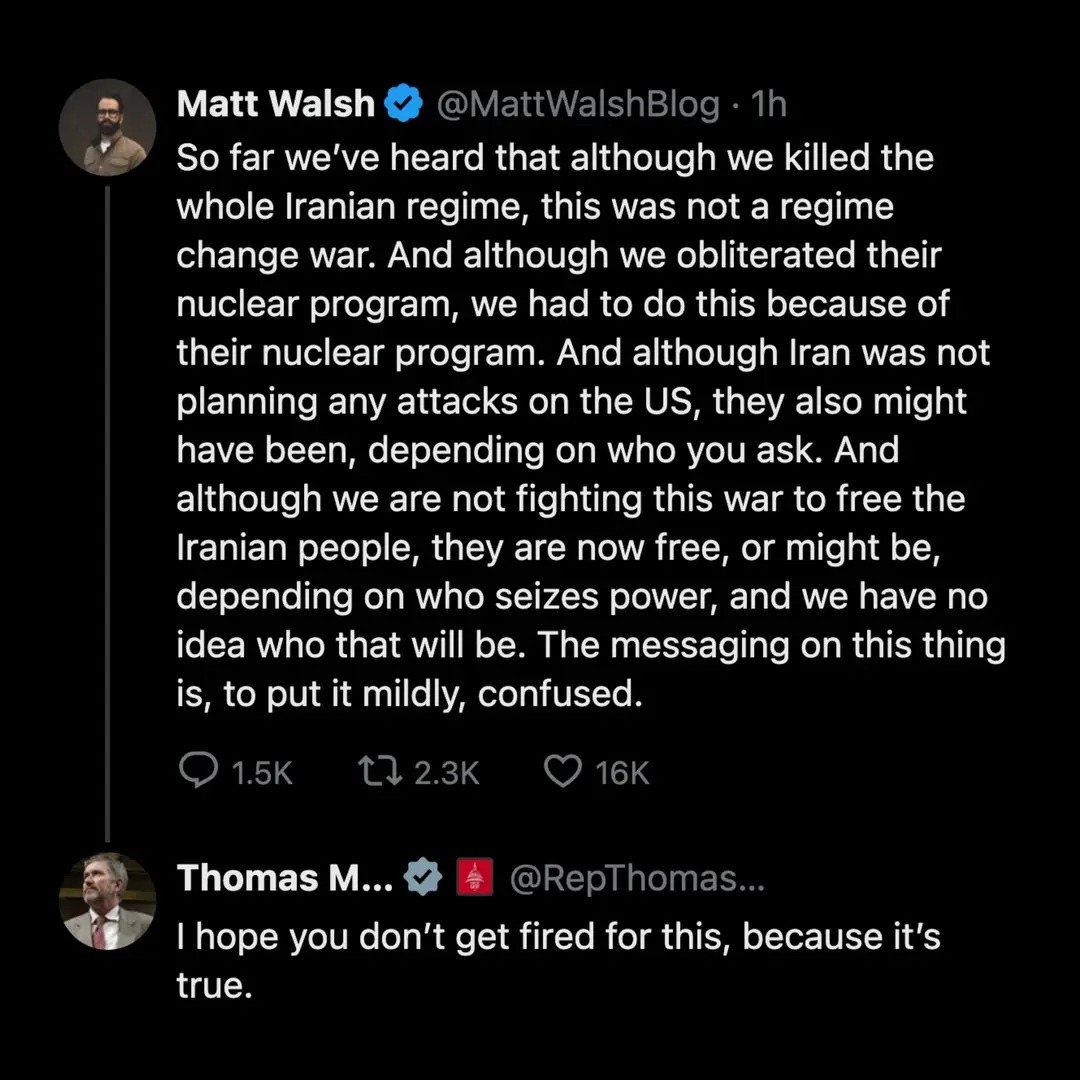 So far we've heard that although we killed the whole Iranian regime, this was not a regime change war. And although we obliterated their nuclear program, we had to do this because of their nuclear program. And although Iran was not planning any attacks on the US, they also might have been, depending on who you ask. And although we are not fighting 