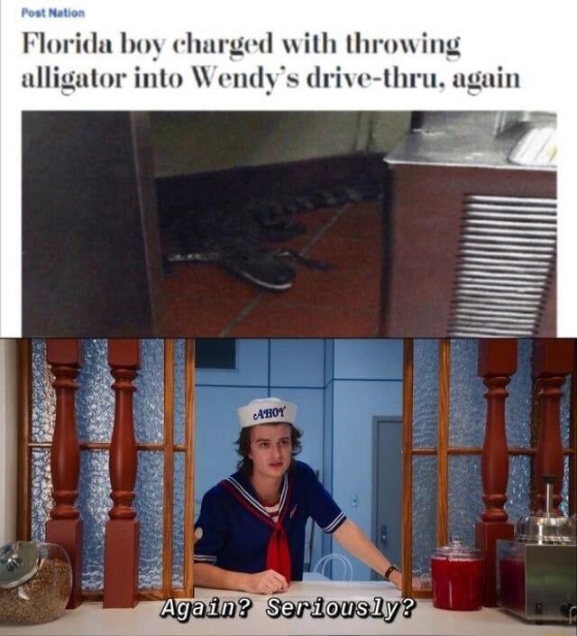 Florida boy charged with throwing alligator into Wendy's drive-thru, again. Again? Seriously?