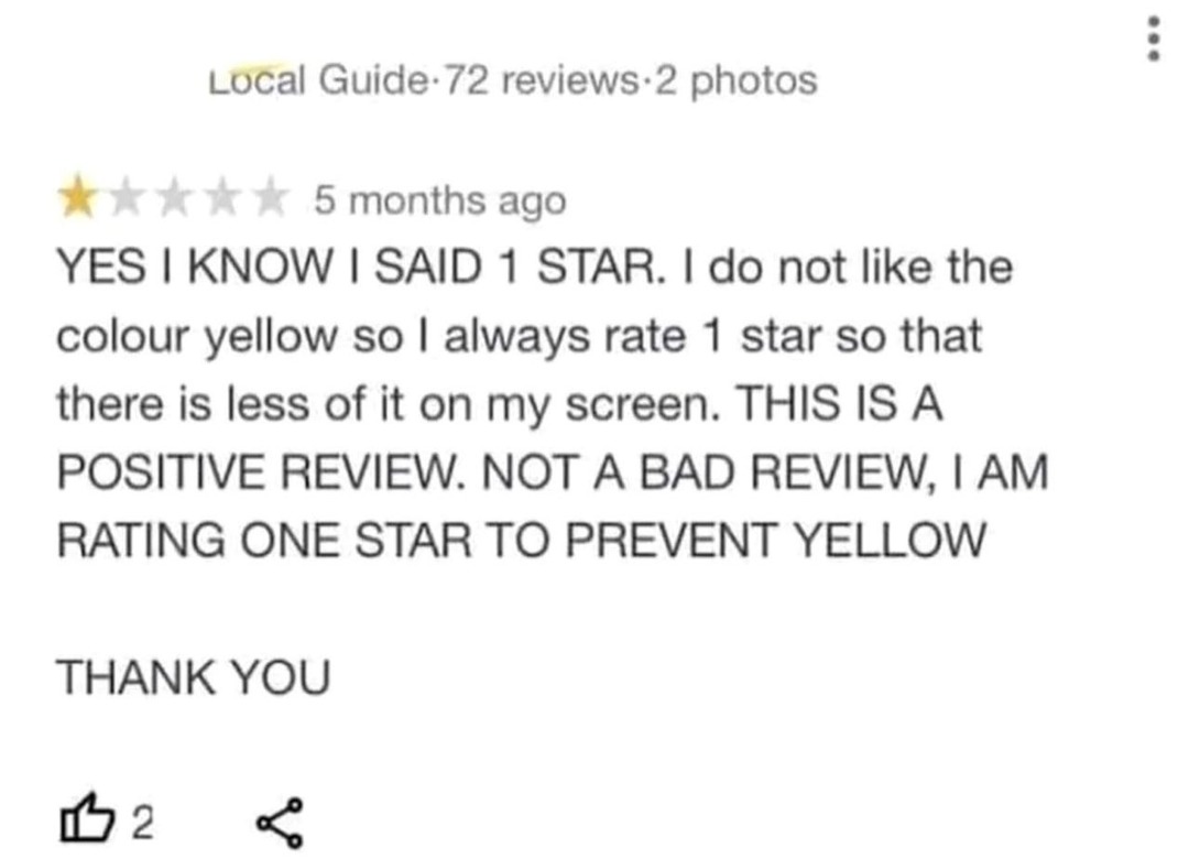 YES I KNOW I SAID 1 STAR. I do not like the colour yellow so I always rate 1 star so that there is less of it on my screen. THIS IS A POSITIVE REVIEW. NOT A BAD REVIEW, I AM RATING ONE STAR TO PREVENT YELLOW