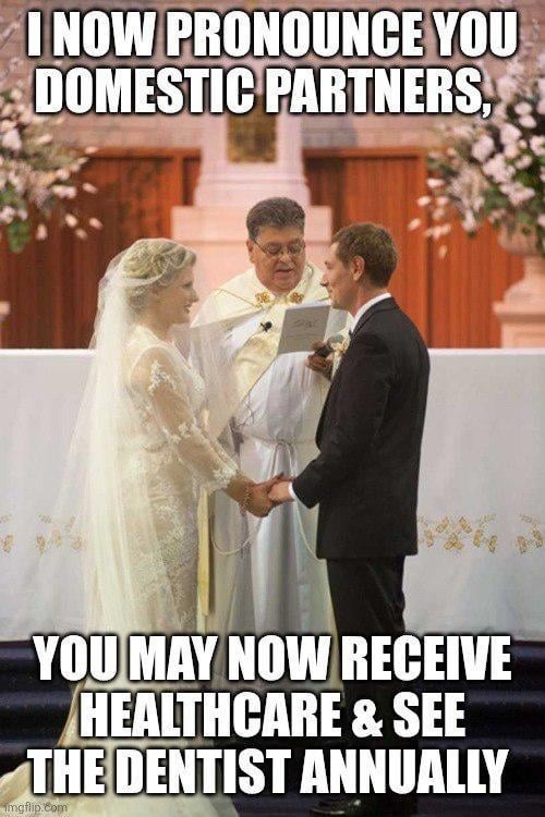 I NOW PRONOUNCE YOU DOMESTIC PARTNERS, YOU MAY NOW RECEIVE HEALTHCARE & SEE THE DENTIST ANNUALLY