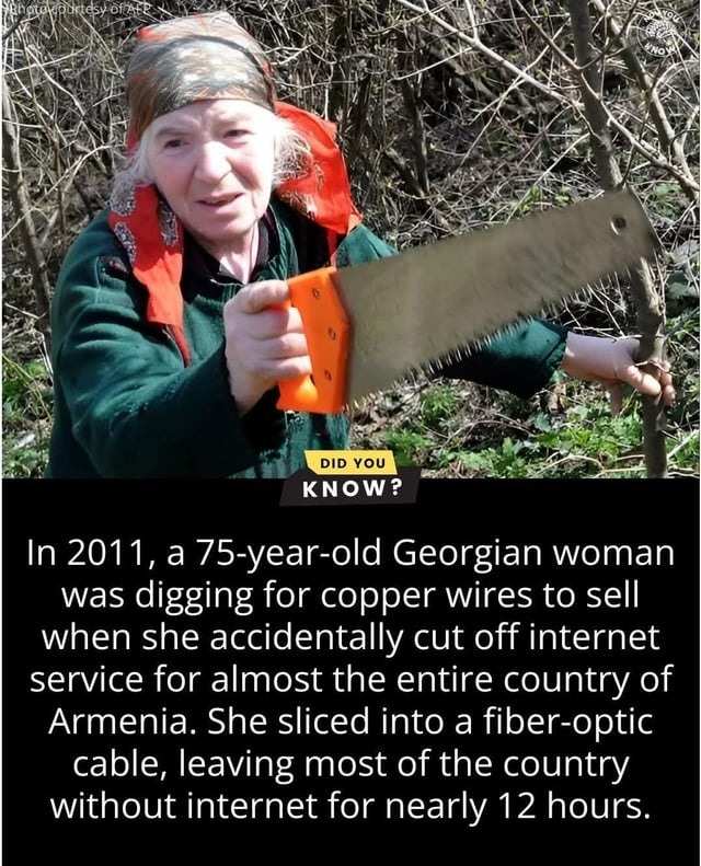 In 2011, a 75-year-old Georgian woman was digging for copper wires to sell when she accidentally cut off internet service for almost the entire country of Armenia. She sliced into a fiber-optic cable, leaving most of the country without internet for nearly 12 hours.