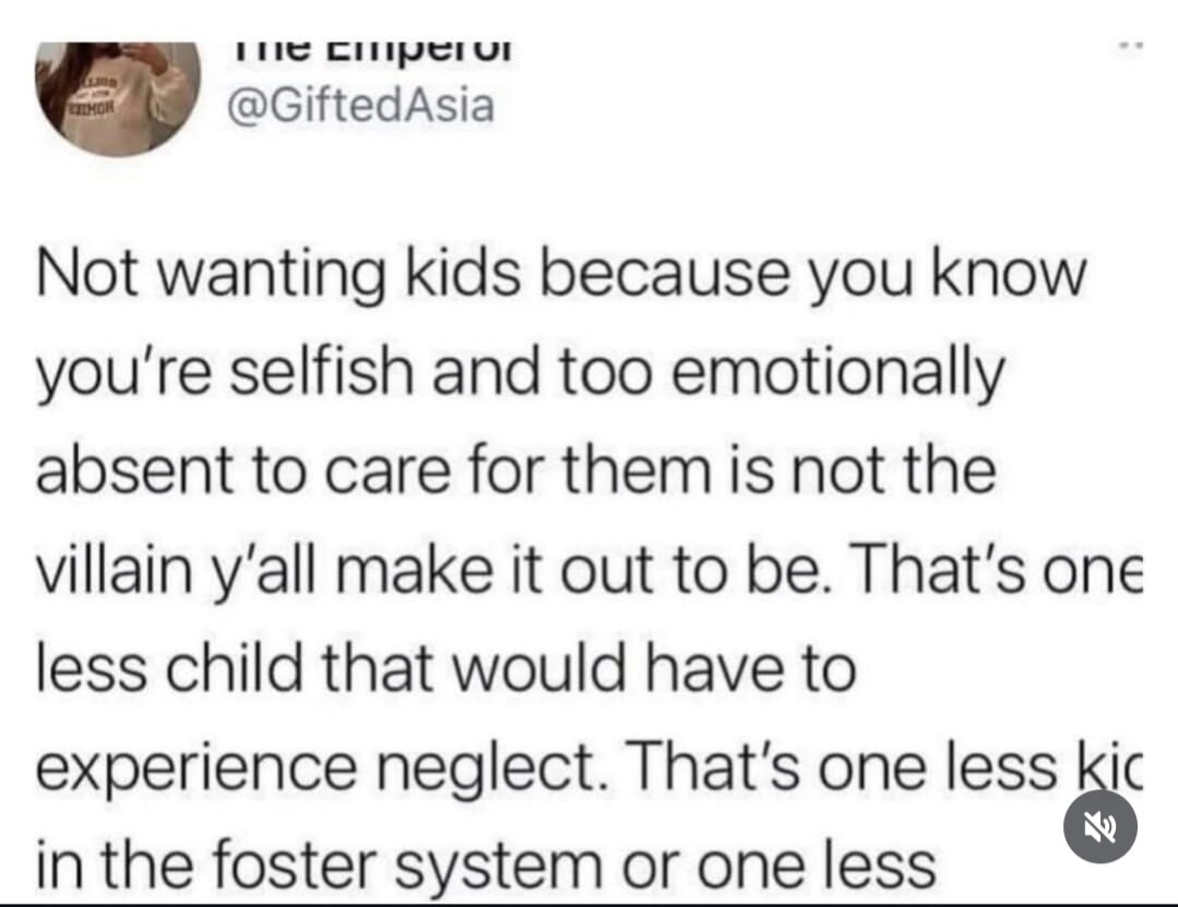 Not wanting kids because you know you're selfish and too emotionally absent to care for them is not the villain y'all make it out to be. That's one less child that would have to experience neglect. That's one less kid in the foster system or one less