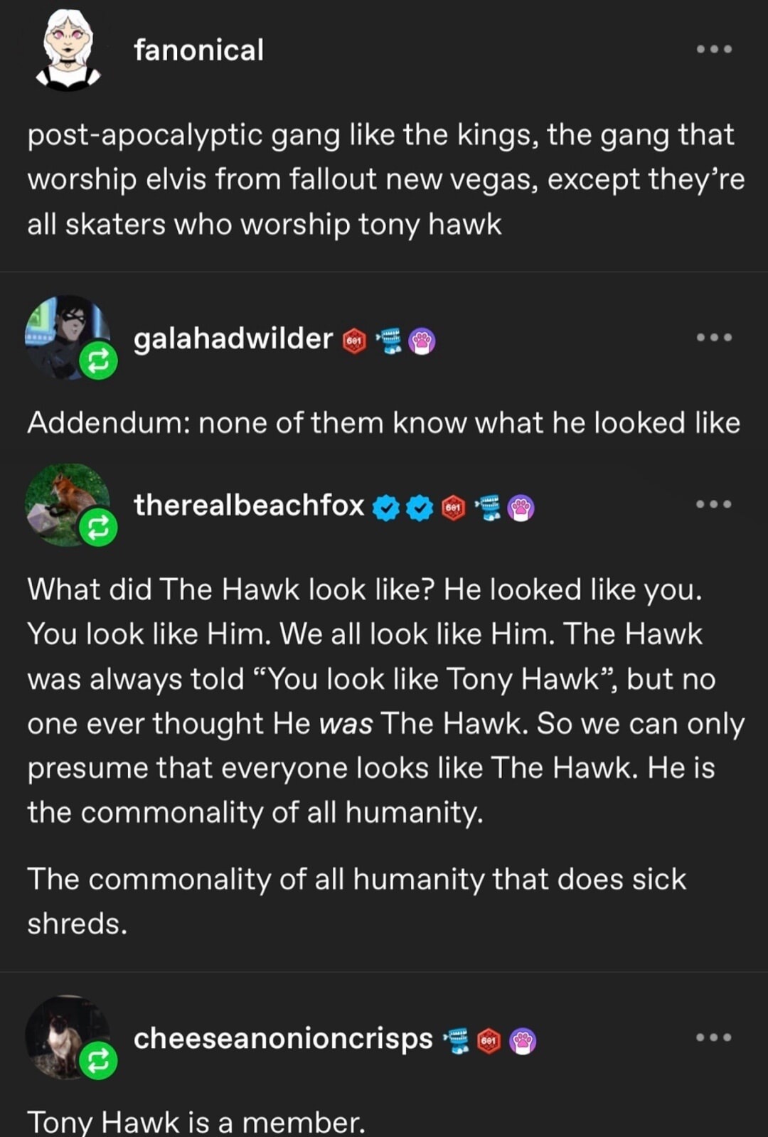 post-apocalyptic gang like the kings, the gang that worship elvis from fallout new vegas, except they're all skaters who worship tony hawk