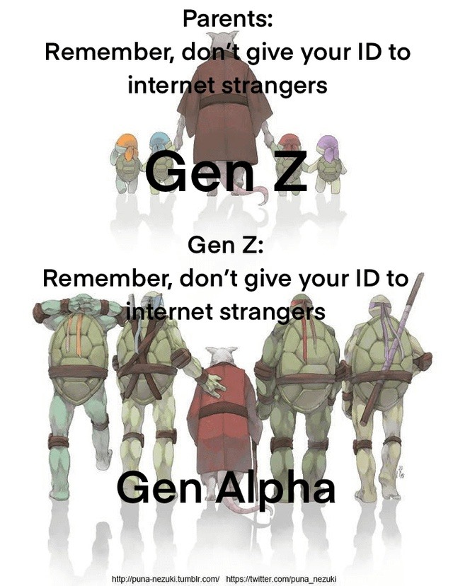 Parents: Remember, don't give your ID to internet strangers
Gen Z:
Gen Z: Remember, don't give your ID to internet strangers
Gen Alpha