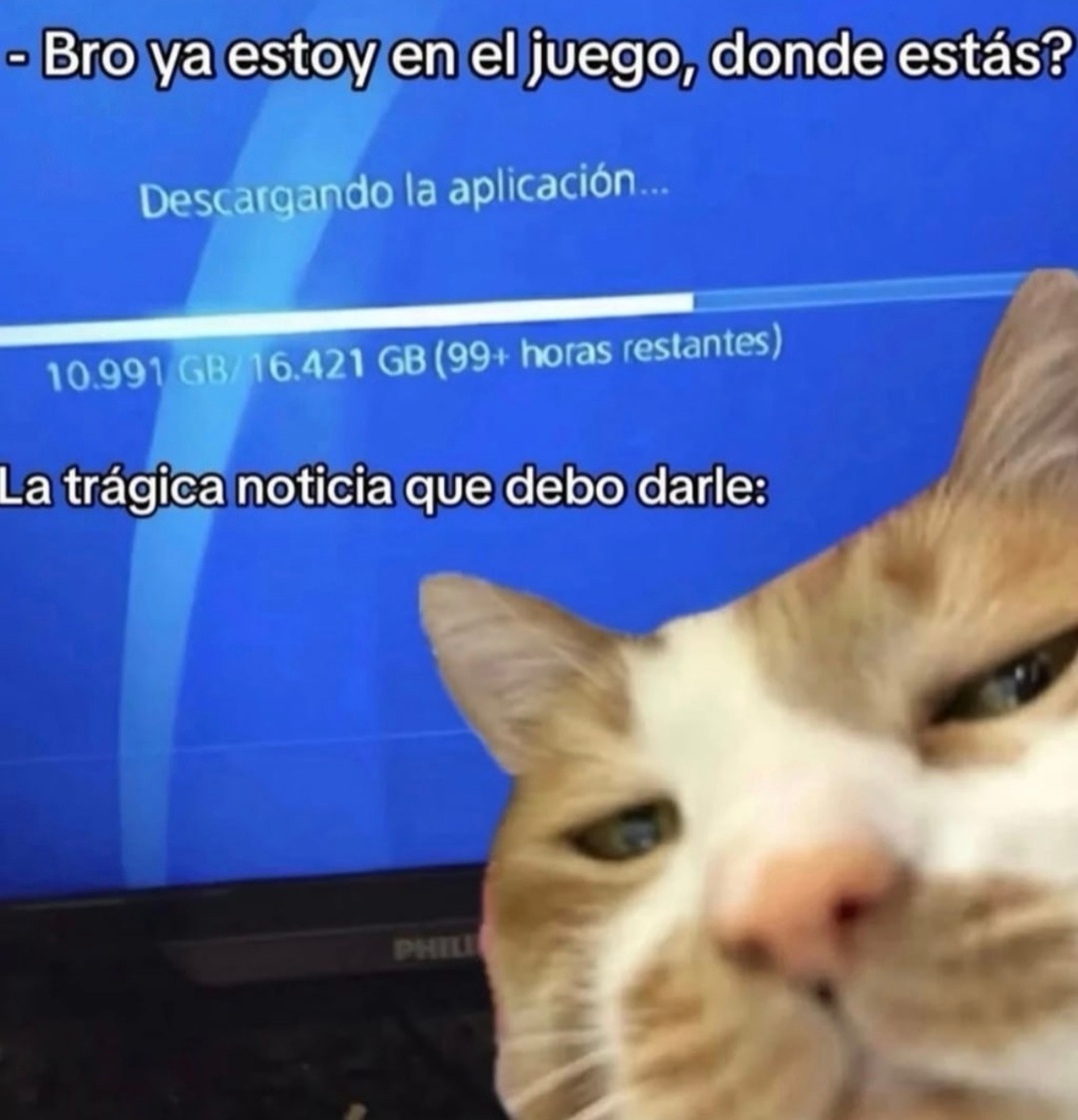 - Bro ya estoy en el juego, donde estás?
Descargando la aplicación...
10.991 GB / 16.421 GB (99+ horas restantes)
La trágica noticia que debo darle: