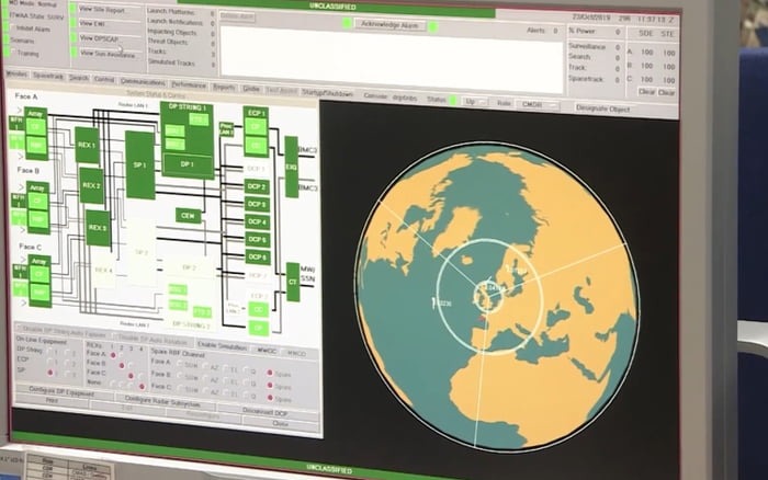 Radar system display showing a schematic diagram and a radar map of Europe.