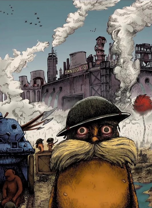 The image depicts a scene inspired by Dr. Seuss's 