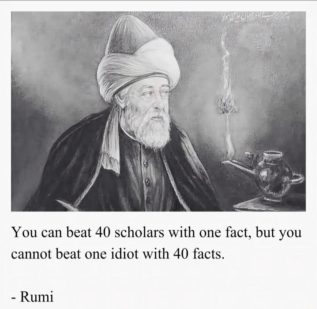 You can beat 40 scholars with one fact, but you cannot beat one idiot with 40 facts.