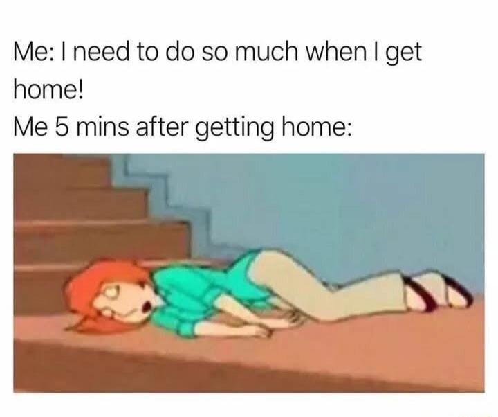 Me: I need to do so much when I get home!
Me 5 mins after getting home: