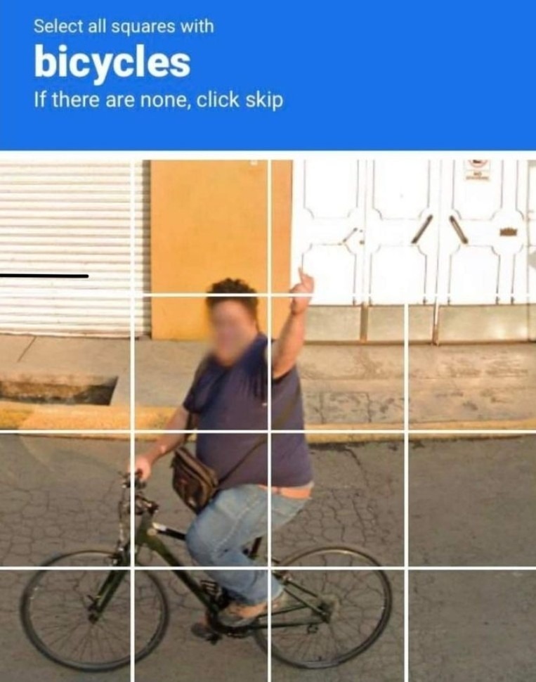 Select all squares with bicycles If there are none, click skip