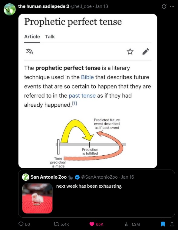 Prophetic perfect tense is a literary technique used in the Bible that describes future events that are so certain to happen that they are referred to in the past tense as if they had already happened. next week has been exhausting