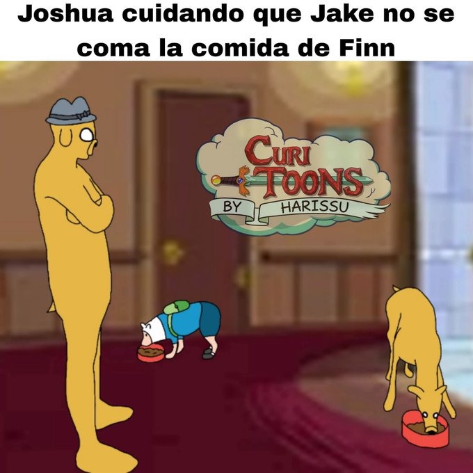 Joshua cuidando que Jake no se coma la comida de Finn