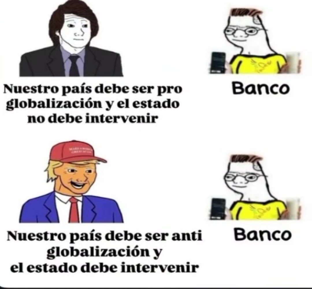Nuestro país debe ser pro globalización y el estado no debe intervenir
Banco
Nuestro país debe ser anti globalización y el estado debe intervenir
Banco