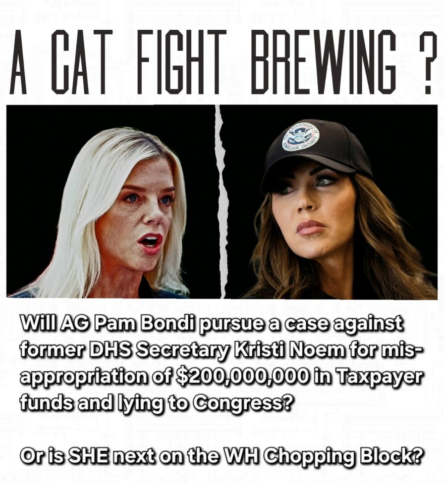 A CAT FIGHT BREWING? Will AG Pam Bondi pursue a case against former DHS Secretary Kristi Noem for mis-appropriation of $200,000,000 in Taxpayer funds and lying to Congress? Or is SHE next on the WH Chopping Block?