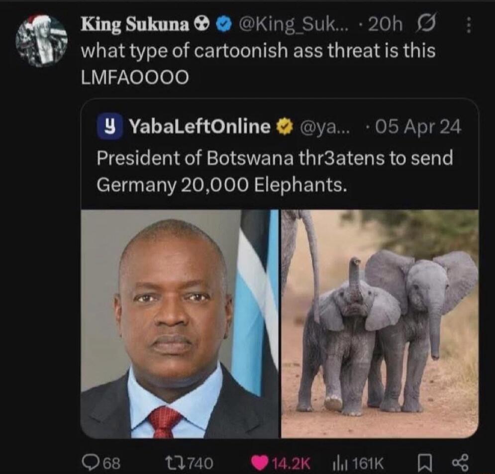 President of Botswana threatens to send Germany 20,000 Elephants.