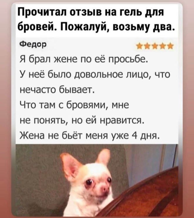 I read a review for eyebrow gel. I'll take two.
Fedor
I bought it for my wife at her request.
She had a happy face, which is rare.
I don't understand what's with the eyebrows, but she likes it.
My wife hasn't hit me for 4 days.