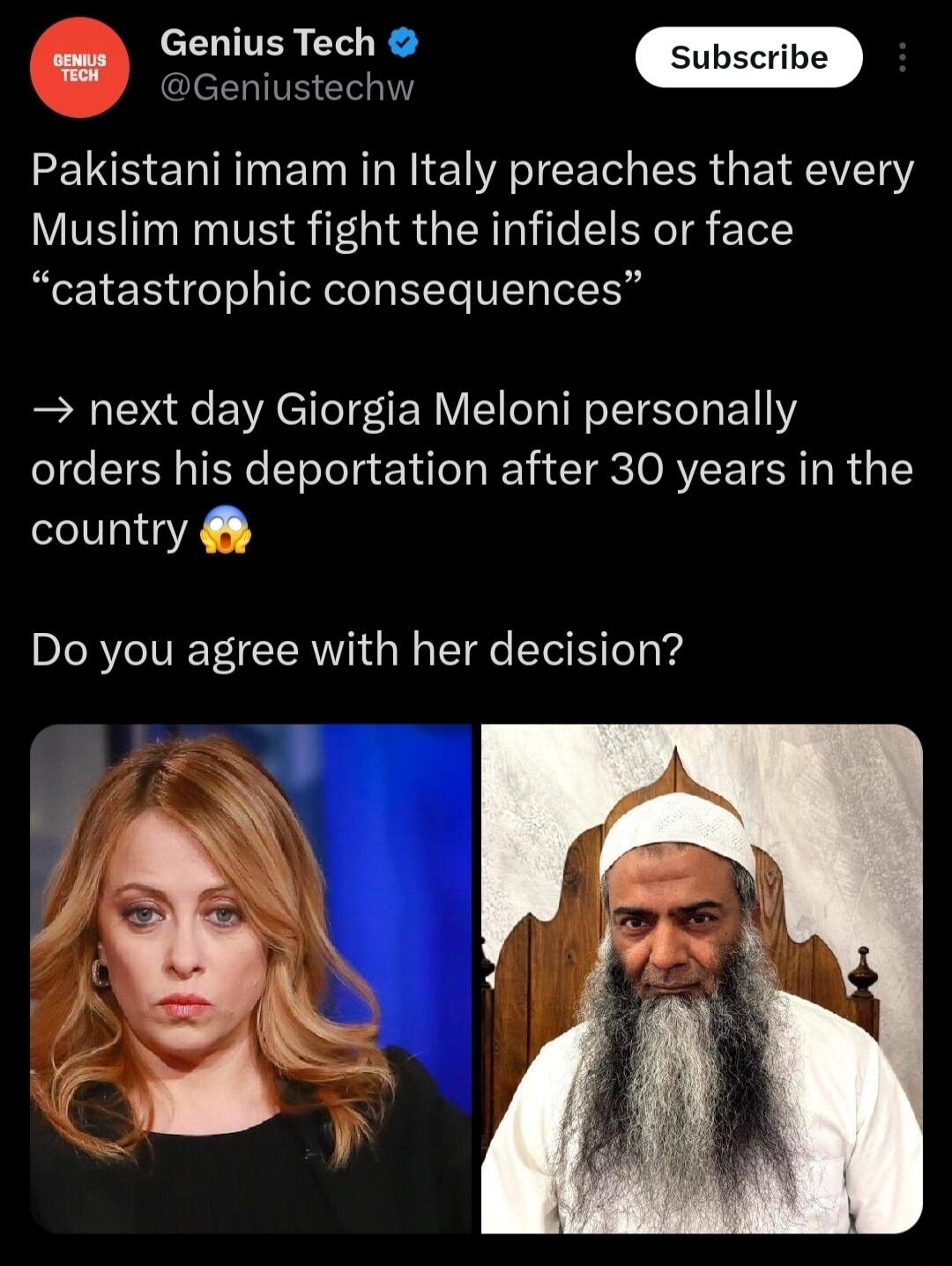 Pakistani imam in Italy preaches that every Muslim must fight the infidels or face 