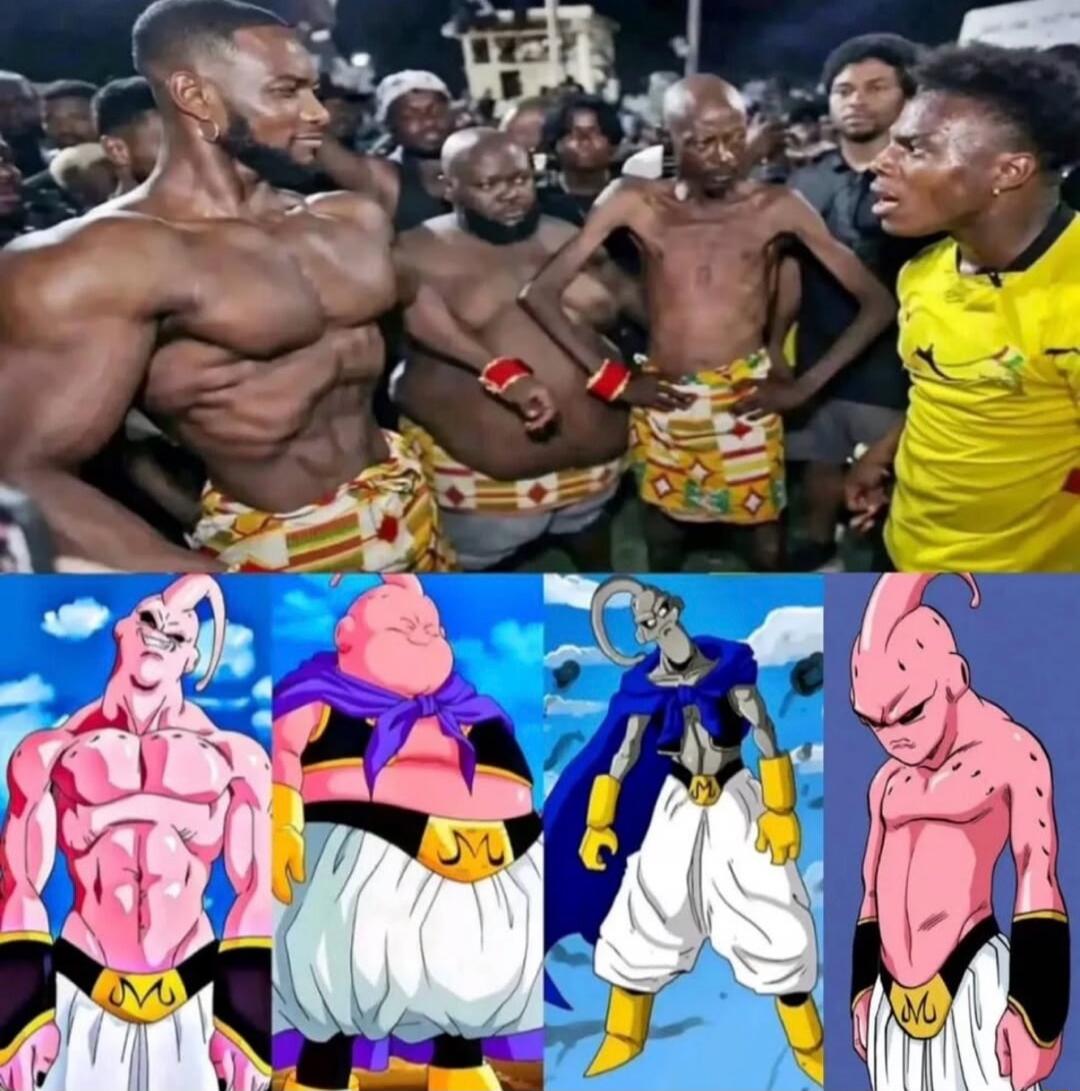 The image shows a comparison between four individuals. The top row features three men with distinct body types: one is extremely muscular, another is overweight, and the third is very thin. They are wearing traditional African attire. The bottom row displays four different forms of the character Majin Buu from the anime Dragon Ball Z, also showcasi