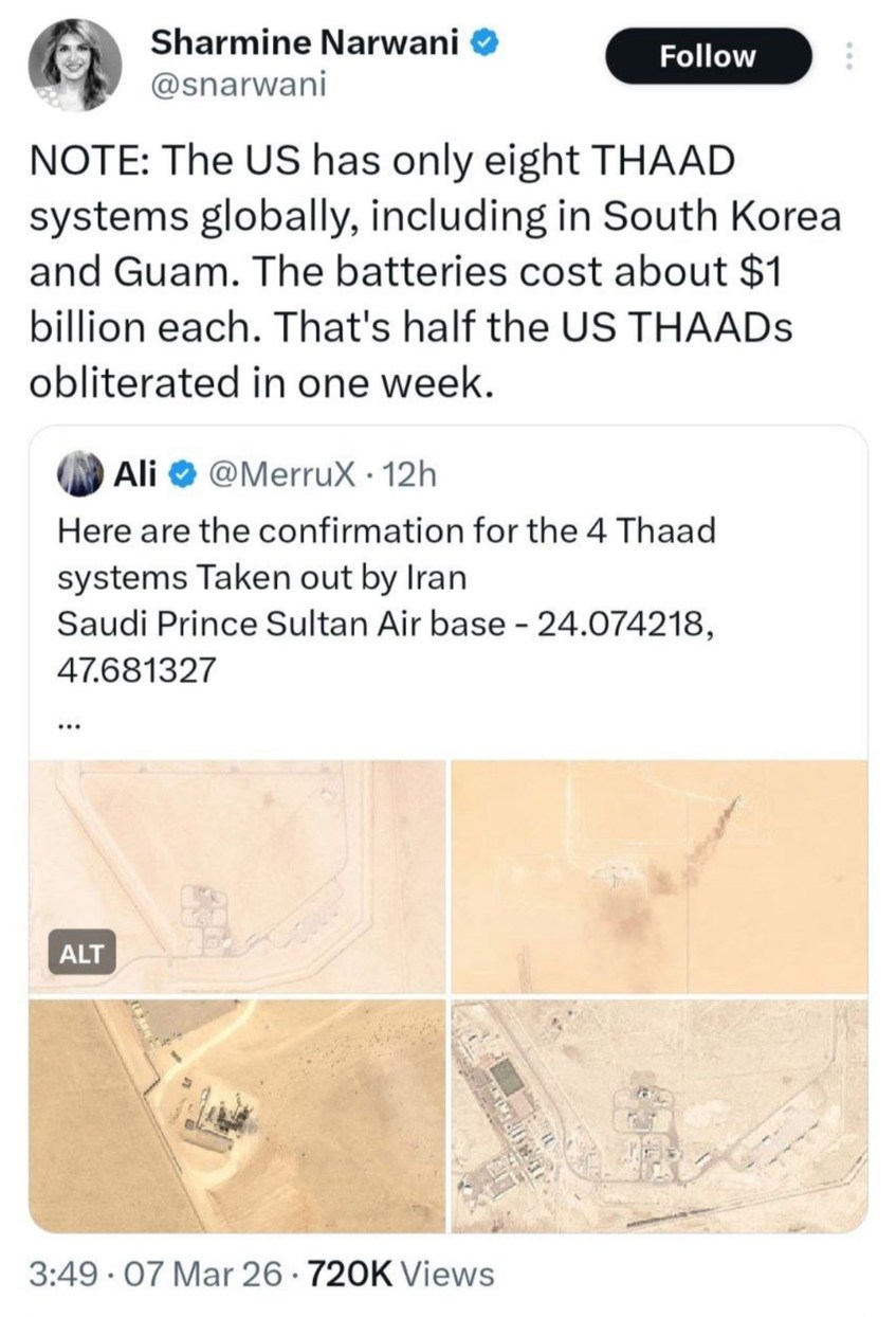NOTE: The US has only eight THAAD systems globally, including in South Korea and Guam. The batteries cost about $1 billion each. That's half the US THAADs obliterated in one week. Here are the confirmation for the 4 Thaad systems Taken out by Iran Saudi Prince Sultan Air base - 24.074218, 47.681327