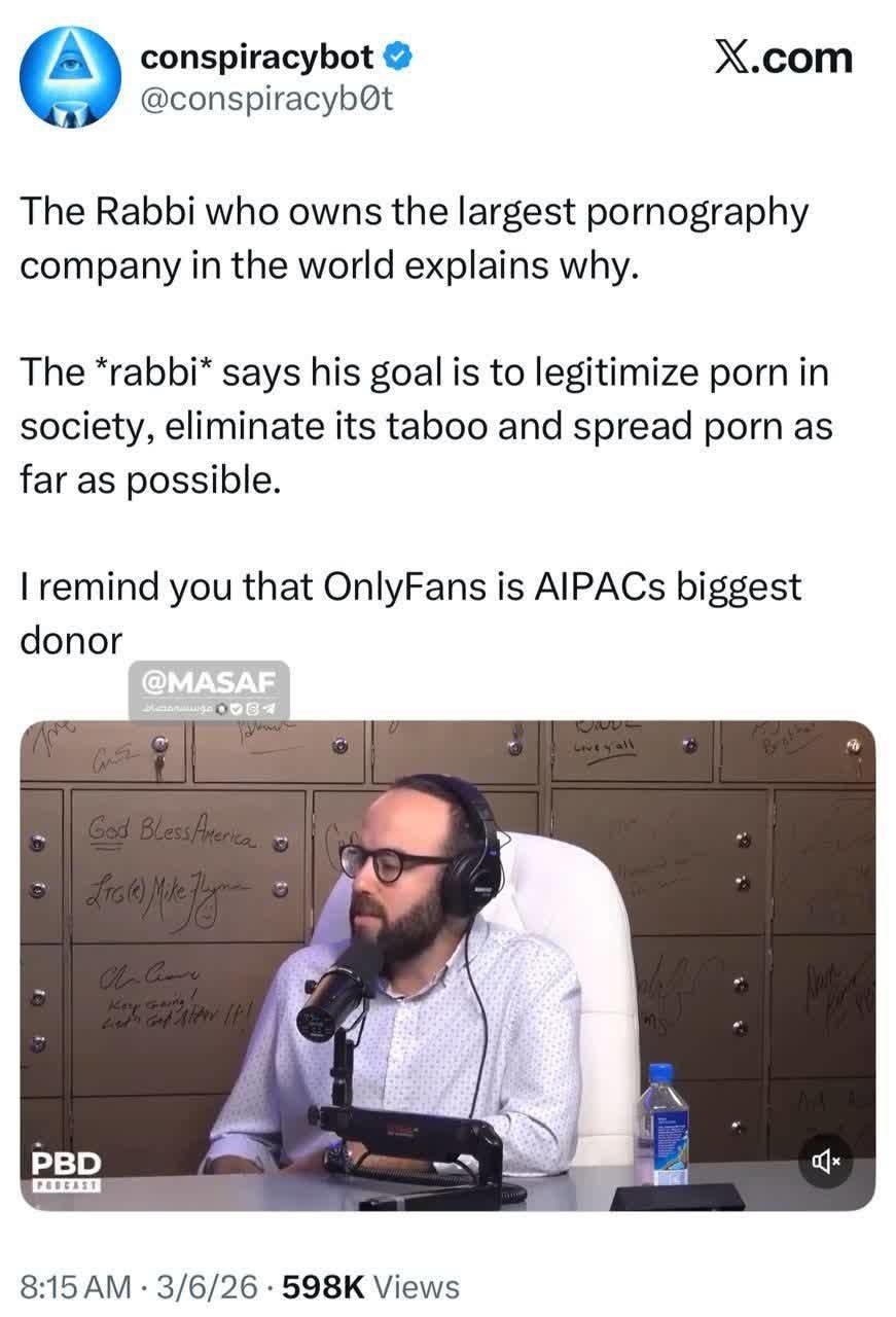 The Rabbi who owns the largest pornography company in the world explains why. The *rabbi* says his goal is to legitimize porn in society, eliminate its taboo and spread porn as far as possible. I remind you that OnlyFans is AIPACs biggest donor